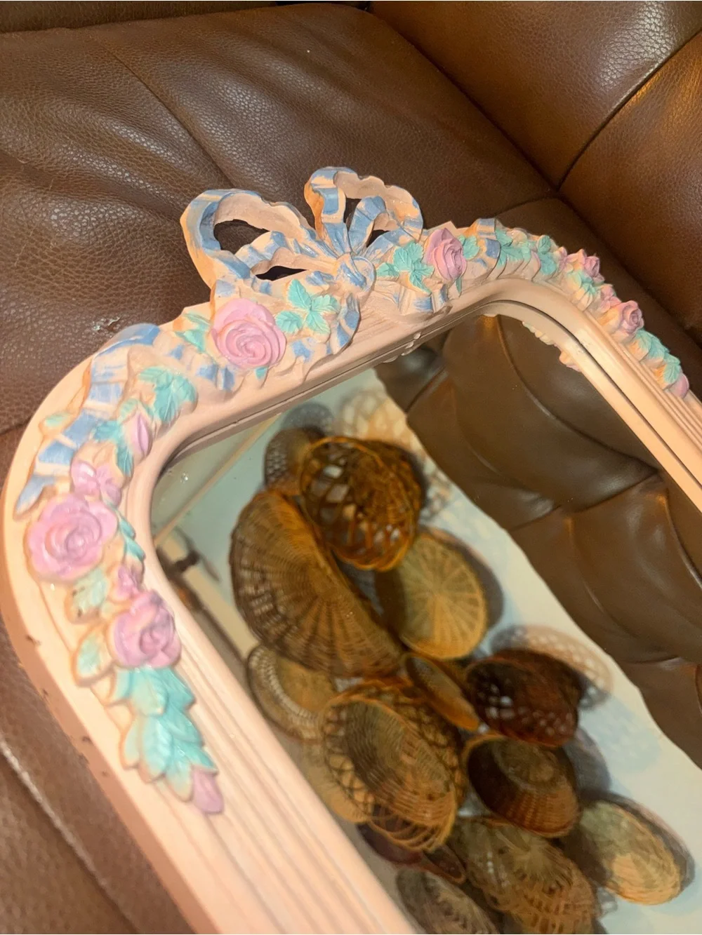 Vintage Pastel Pink Floral Bow Accent Wall Mirror